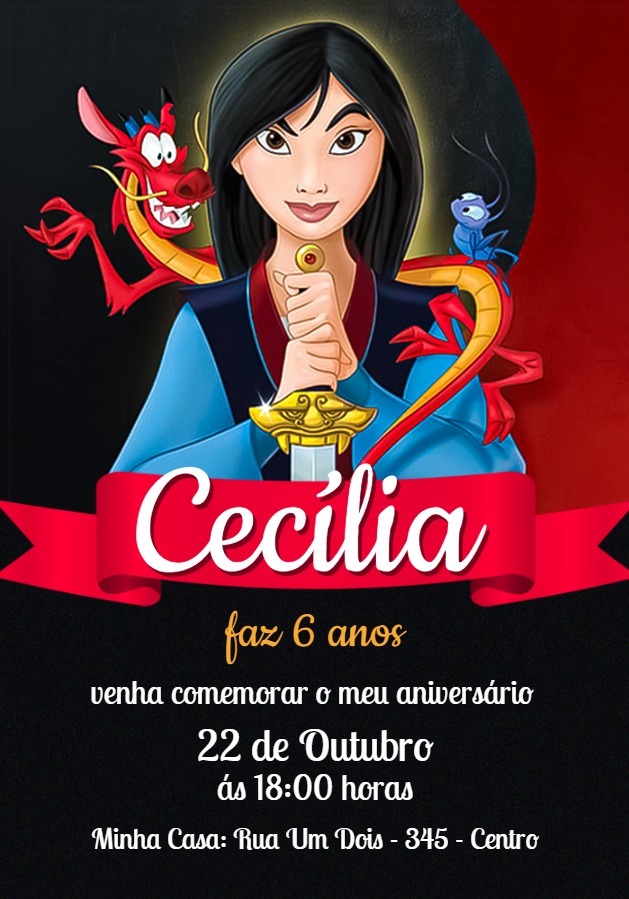 Convite de Aniversário Mulan para Editar e Imprimir
