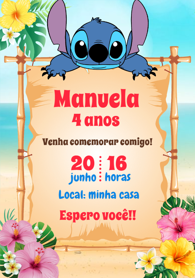 Convite de Aniversário Stitch Tropical para Editar Online Convite de Aniversário Stitch Tropical para Editar Online