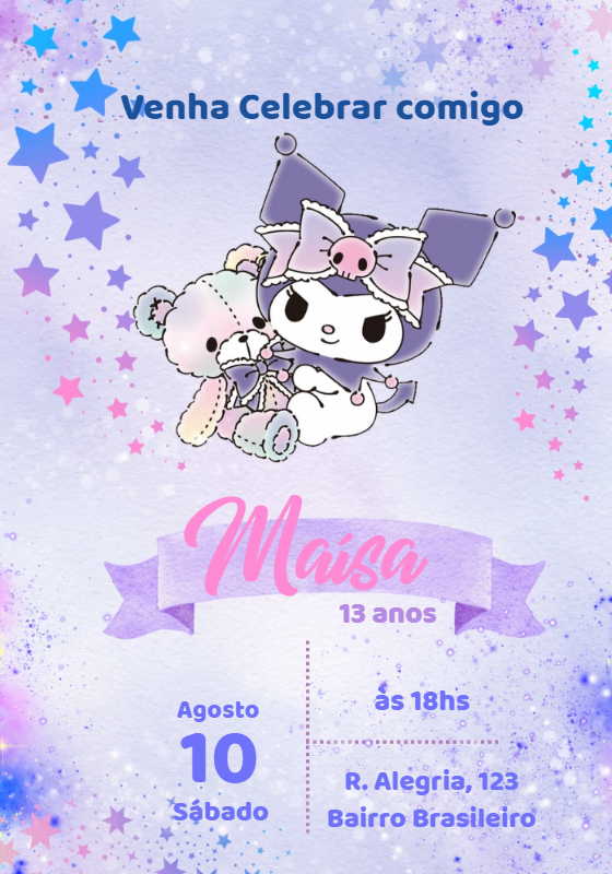 Convite Aniversário Kuromi Aquarela para Editar Online Convite Aniversário Kuromi Aquarela para Editar Online