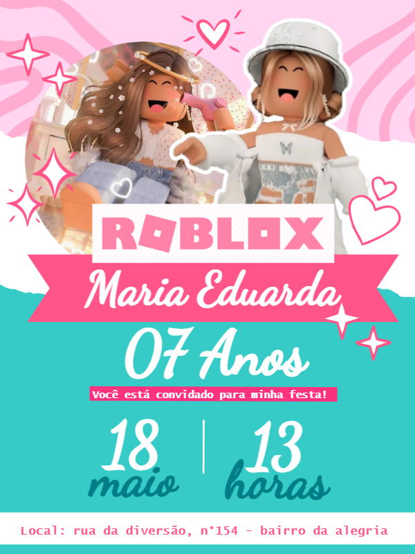 Convite de Aniversário Roblox Menina Rosa para Editar Online Convite de Aniversário Roblox Menina Rosa para Editar Online