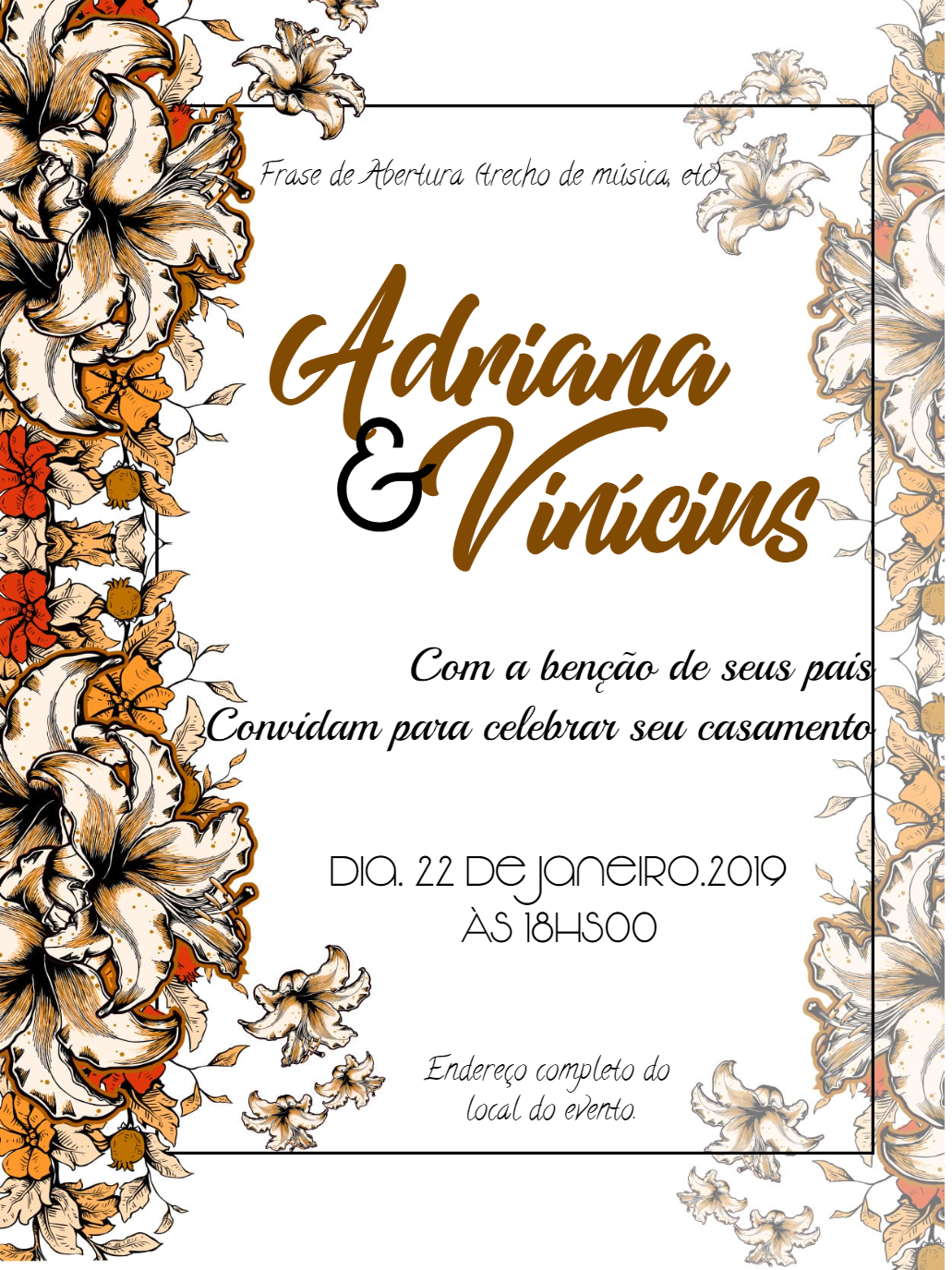 Convite de Casamento Floral com Lírios Delicados para Editar Convite de Casamento Floral com Lírios Delicados para Editar