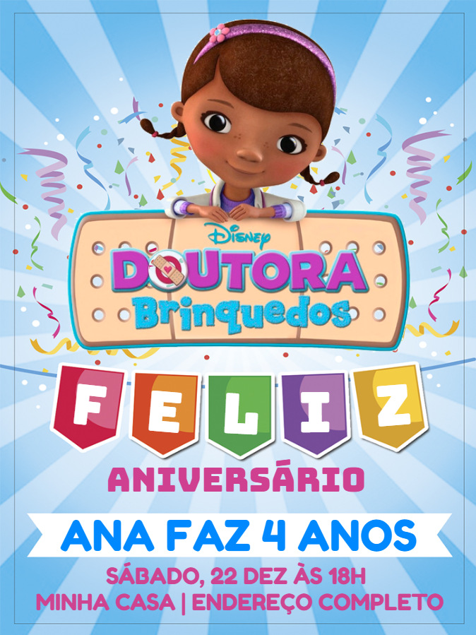 Convite Aniversário Doutora Brinquedos para Editar Online Convite Aniversário Doutora Brinquedos para Editar Online