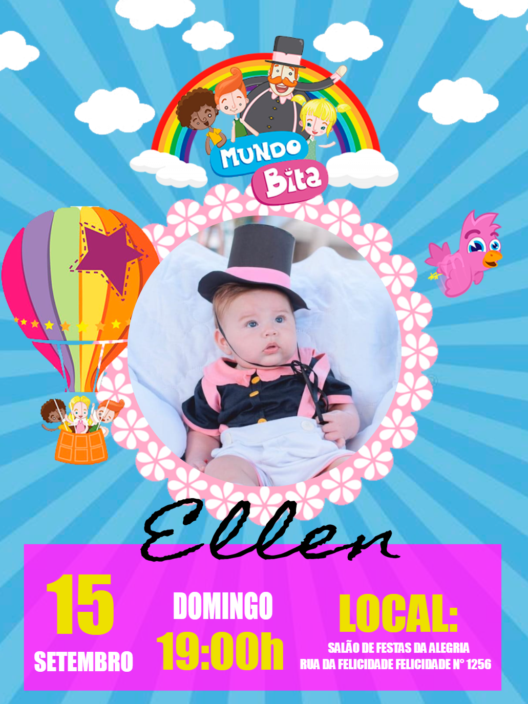 Convite Aniversário Mundo Bita com Foto para Editar Online Convite Aniversário Mundo Bita com Foto para Editar Online