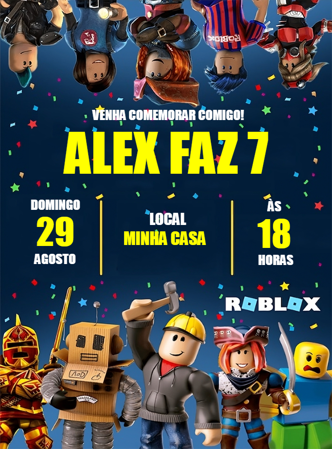Convite de Aniversário Roblox com Personagens para Editar Convite de Aniversário Roblox com Personagens para Editar