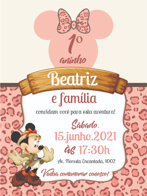 Convite Aniversário Minnie Safari Rosa Editável Online Convite Aniversário Minnie Safari Rosa Editável Online