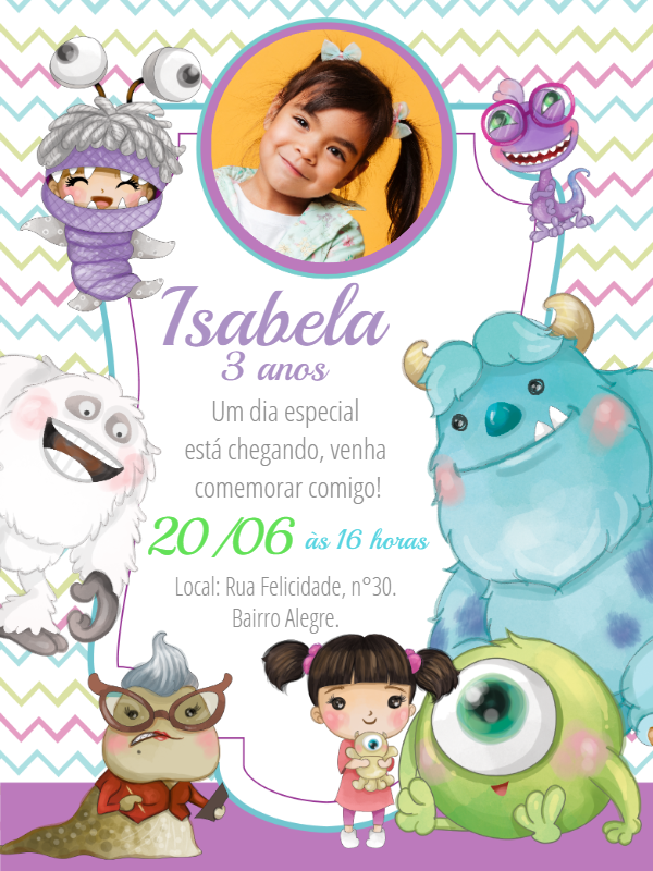 Convite Aniversário Monstros SA com Foto para Editar Online Convite Aniversário Monstros SA com Foto para Editar Online