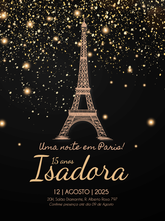 Convite de Aniversário 15 Anos Paris Dourado para Editar Convite de Aniversário 15 Anos Paris Dourado para Editar