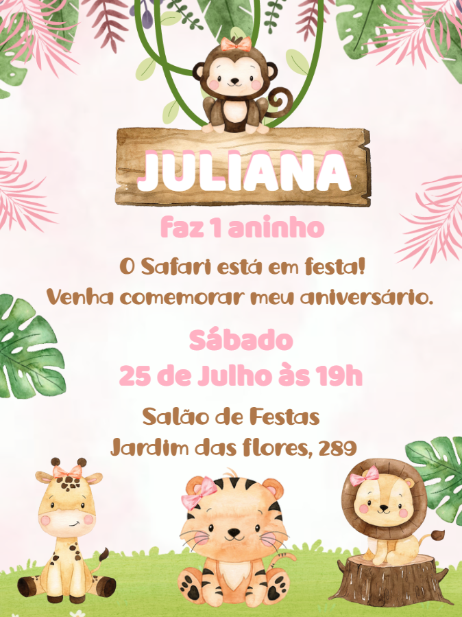 Convite Aniversário Safari Rosa com Animais para Editar Online Convite Aniversário Safari Rosa com Animais para Editar Online