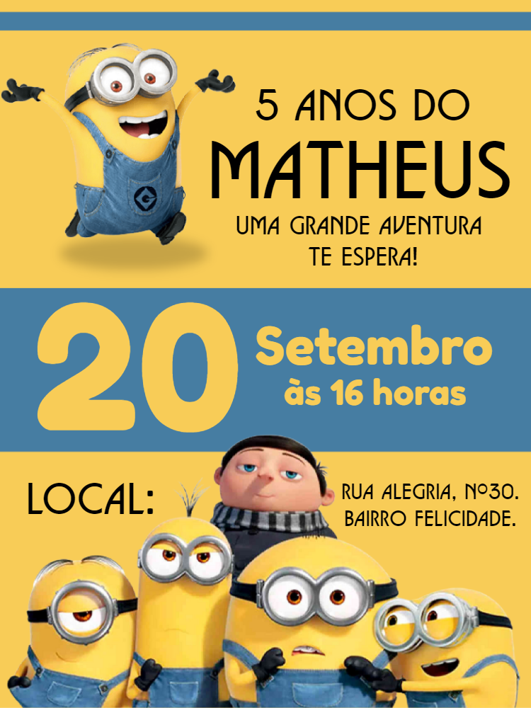 Convite de Aniversário Minions com Personagens para Editar Online Convite de Aniversário Minions com Personagens para Editar Online