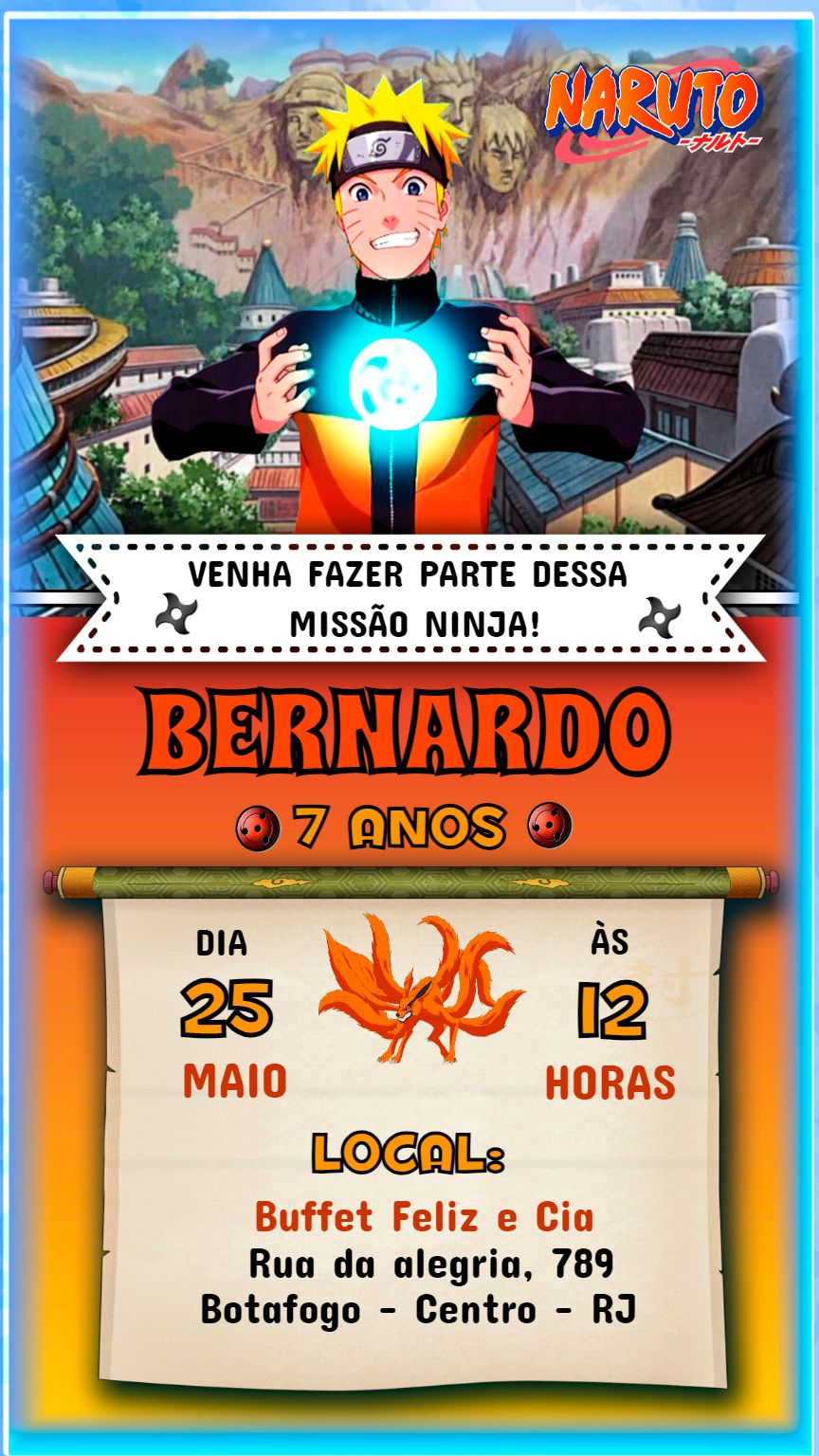 Convite de Aniversário Naruto com Personagem para Editar Online Convite de Aniversário Naruto com Personagem para Editar Online