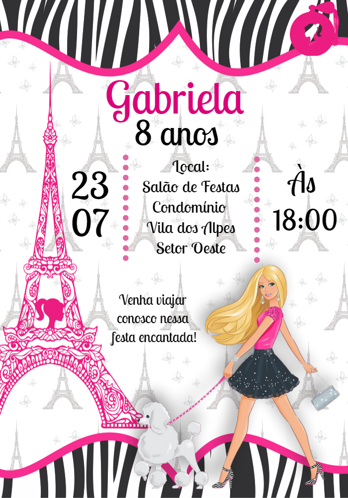 Convite Aniversário Barbie em Paris para Editar Online Convite Aniversário Barbie em Paris para Editar Online