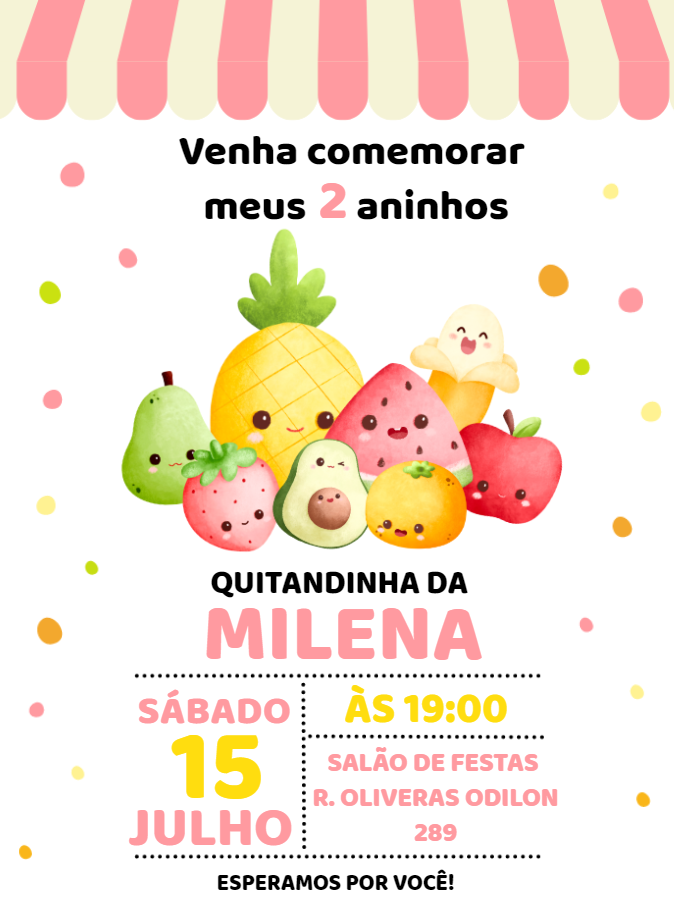 Convite de Aniversário Quitandinha com Frutas para Editar Convite de Aniversário Quitandinha com Frutas para Editar