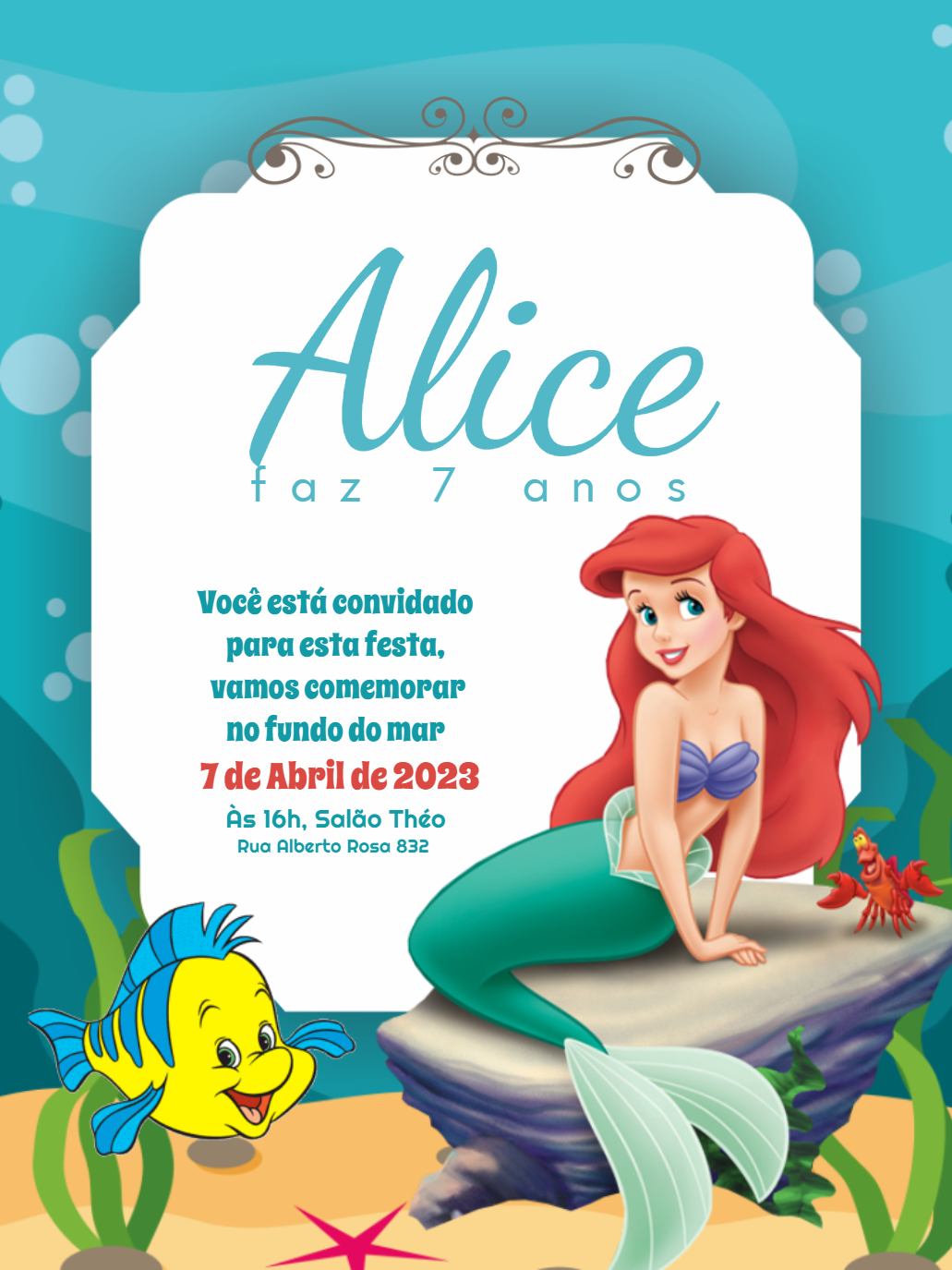 Convite de Aniversário Princesa Ariel para Editar Online Convite de Aniversário Princesa Ariel para Editar Online