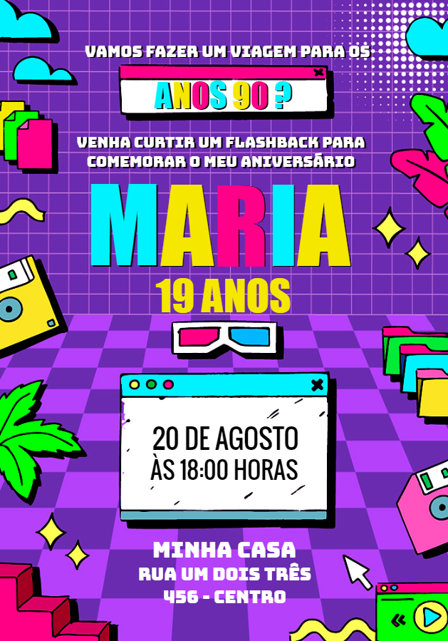 Convite de Aniversário Anos 90 Retrô para Editar Online