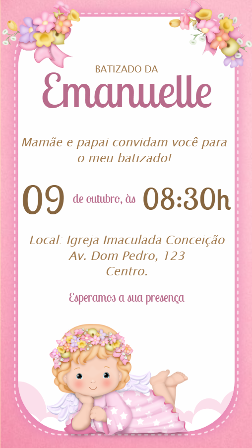Convite de Batizado Anjinha Rosa para Editar Online Convite de Batizado Anjinha Rosa para Editar Online
