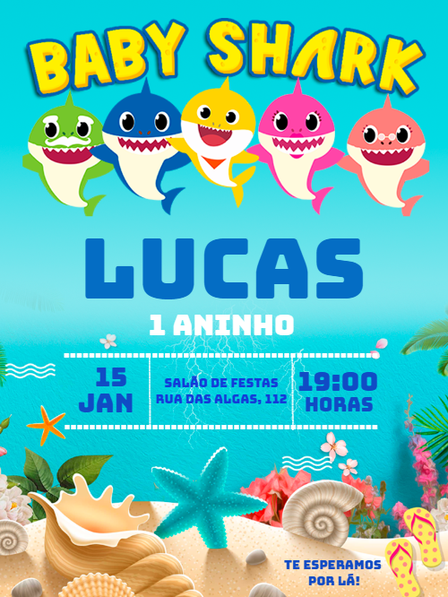 Convite de Aniversário Baby Shark para Editar Online Convite de Aniversário Baby Shark para Editar Online