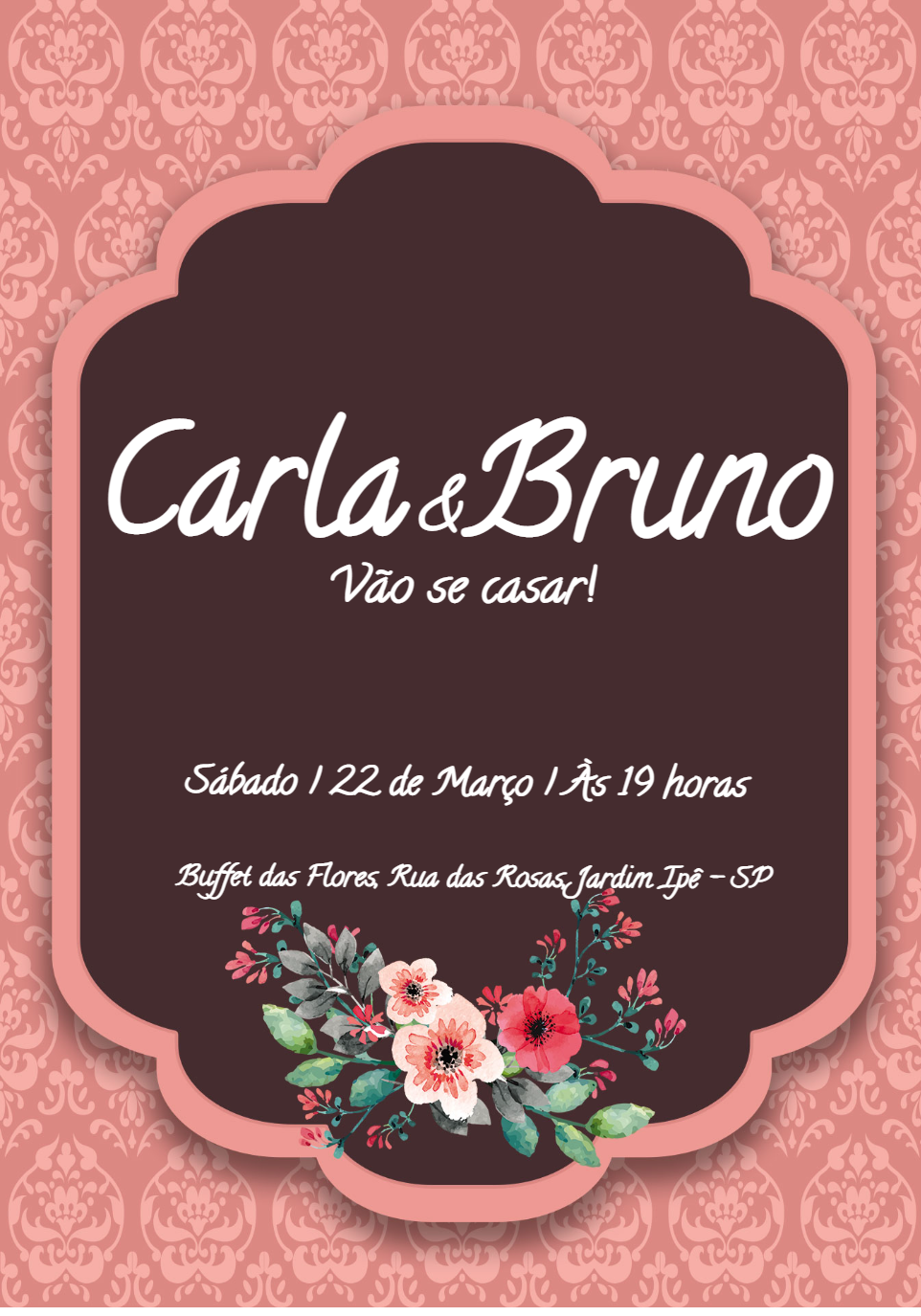 Convite de Casamento Floral Rosa e Marrom para Editar Convite de Casamento Floral Rosa e Marrom para Editar