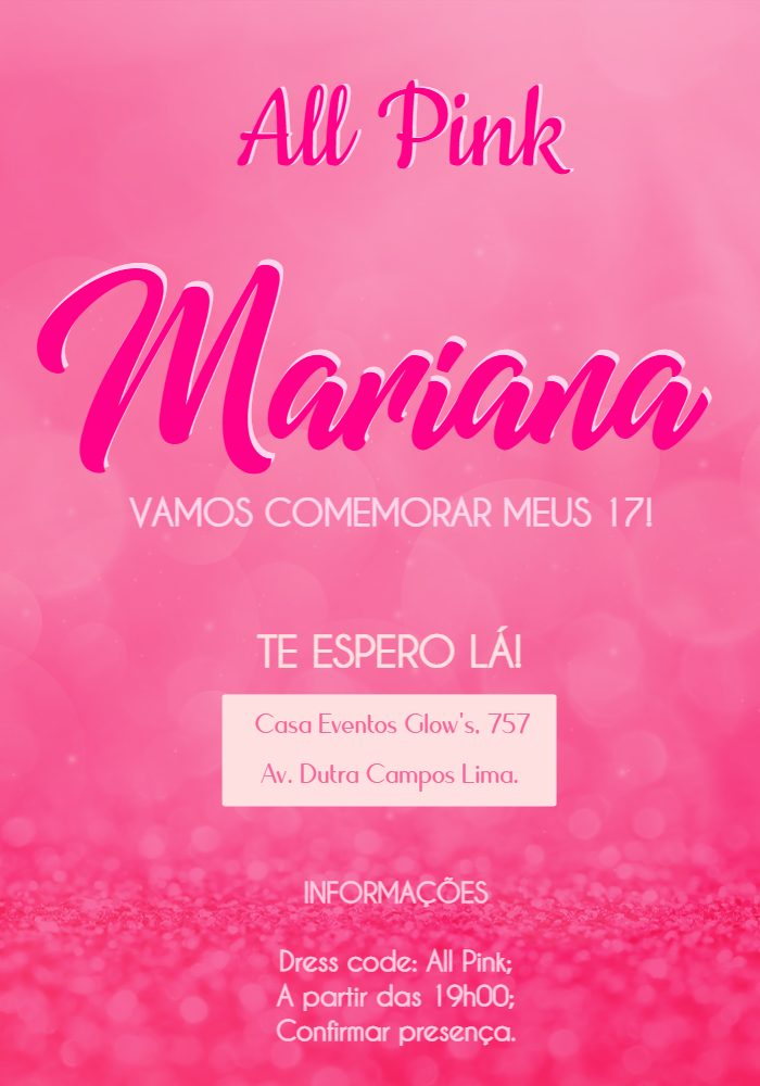 Convite de Aniversário All Pink com Glitter para Editar Online Convite de Aniversário All Pink com Glitter para Editar Online