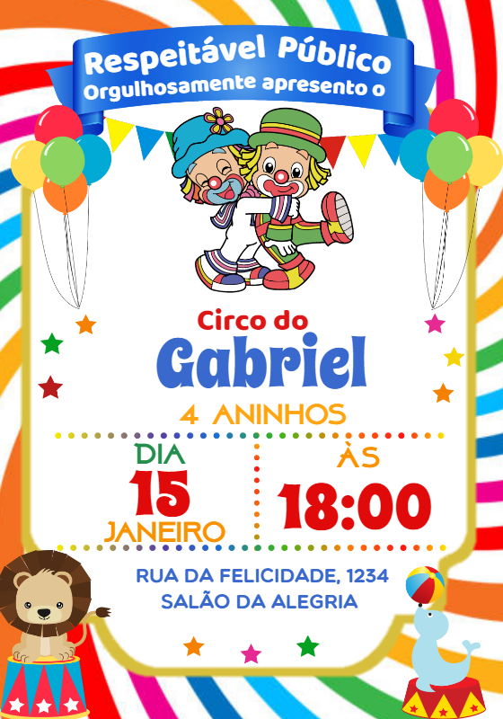 Convite Aniversário Circo com Palhaços para Editar Online Convite Aniversário Circo com Palhaços para Editar Online