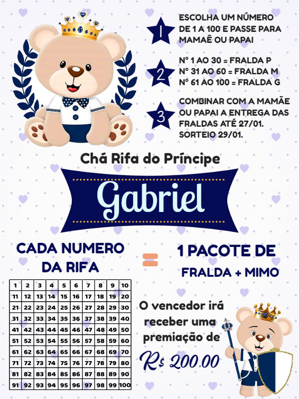 Rifa Chá de Bebê Ursinho Príncipe Editável Online