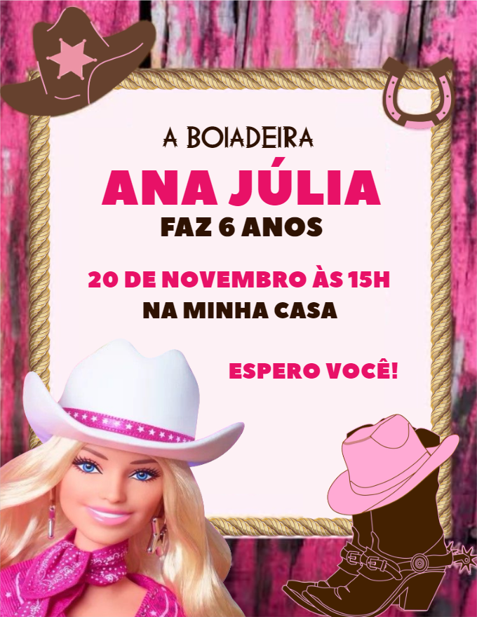 Convite Aniversário Barbie Boiadeira para Editar Online Convite Aniversário Barbie Boiadeira para Editar Online
