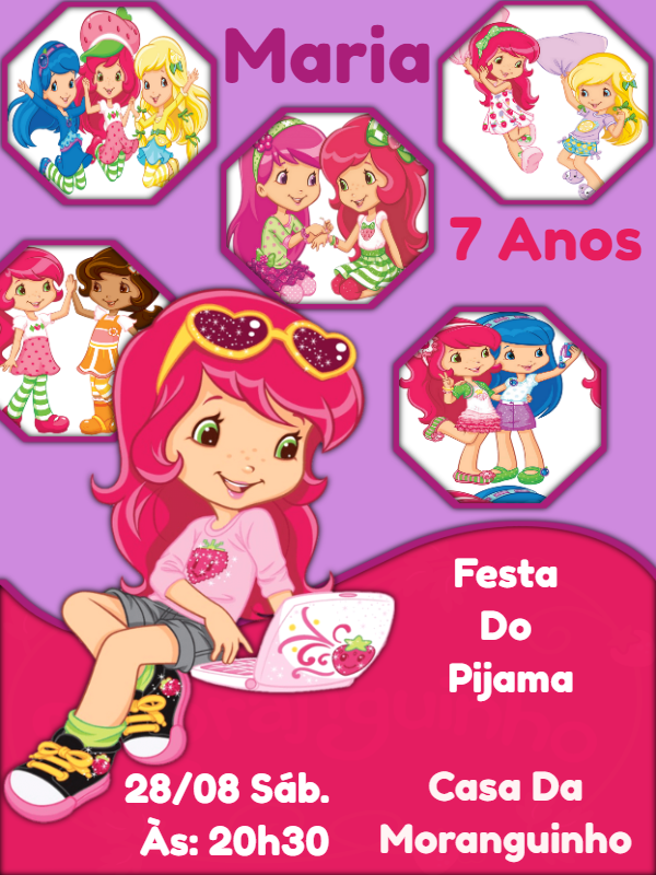 Convite Aniversário Festa do Pijama Moranguinho para Editar Convite Aniversário Festa do Pijama Moranguinho para Editar