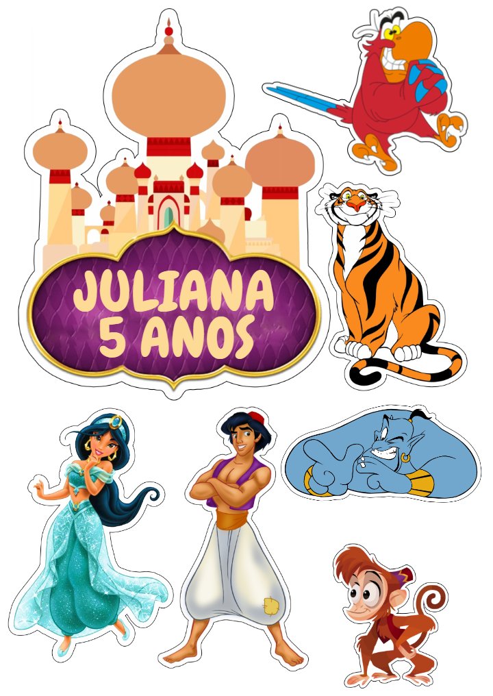 Topo de Bolo Festa Aladdin com Personagens para Editar Online Topo de Bolo Festa Aladdin com Personagens para Editar Online