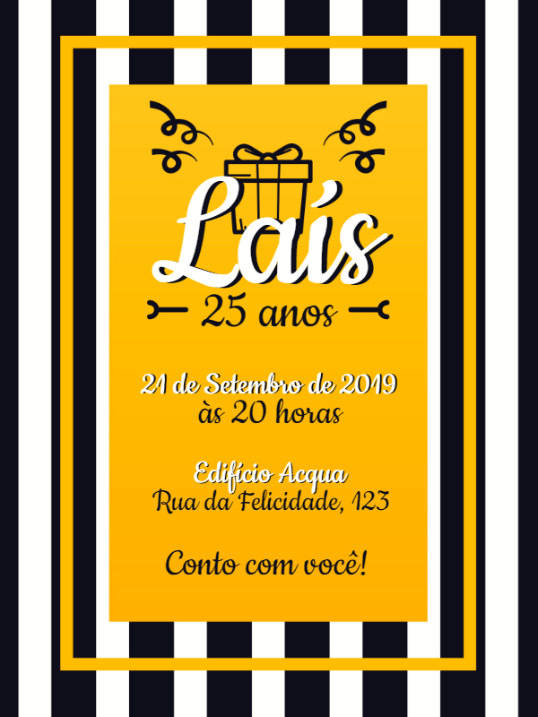Convite de Aniversário Listrado Preto e Amarelo para Editar Convite de Aniversário Listrado Preto e Amarelo para Editar