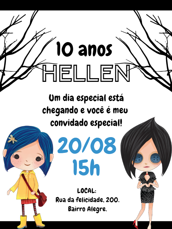 Convite de Aniversário Coraline Editável para Enviar Online Convite de Aniversário Coraline Editável para Enviar Online