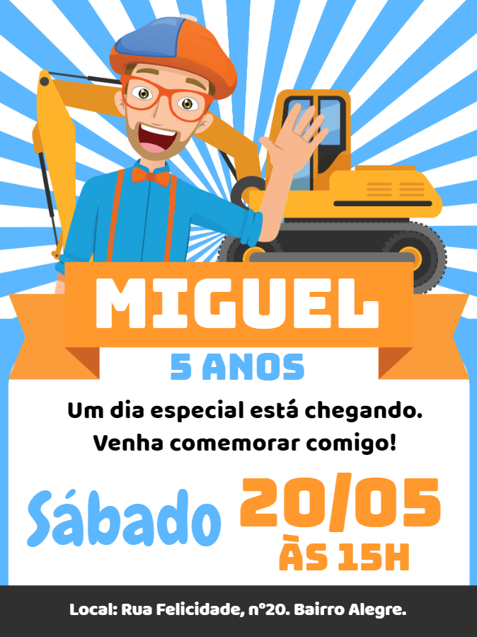 Convite de Aniversário Blippi com Trator para Editar Online Convite de Aniversário Blippi com Trator para Editar Online