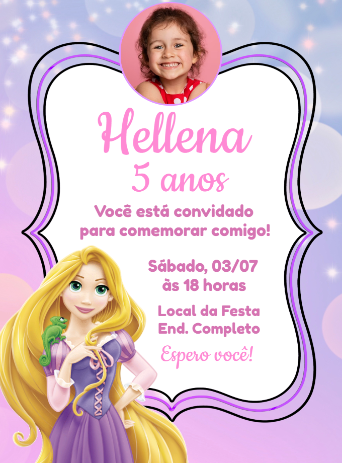 Convite Aniversário Rapunzel com Foto para Editar Online