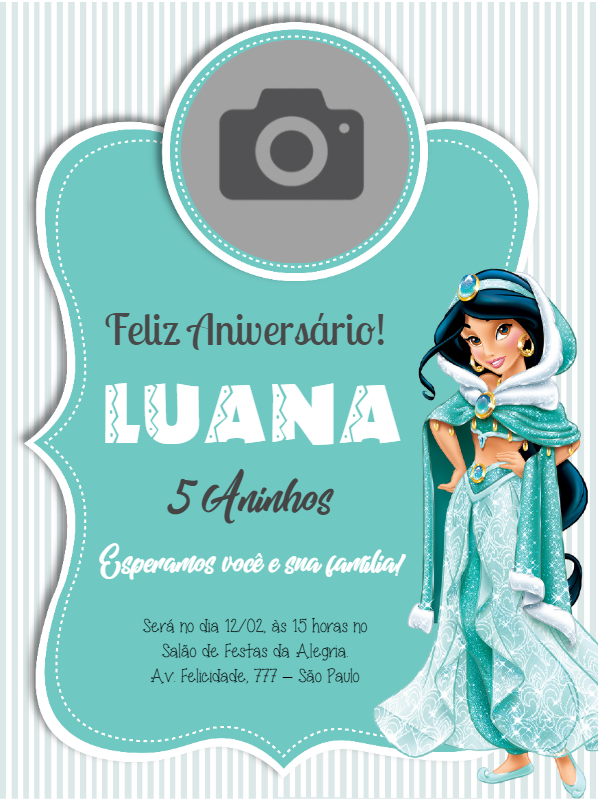 Convite de Aniversário Jasmine com Foto para Editar Online Convite de Aniversário Jasmine com Foto para Editar Online