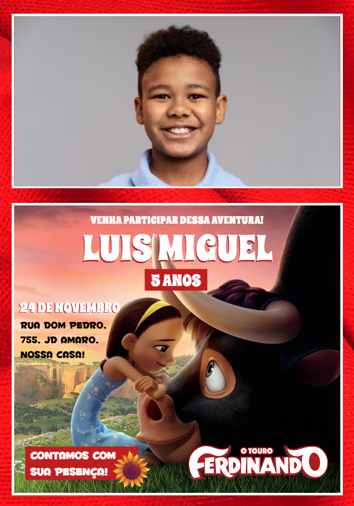 Convite de Aniversário O Touro Ferdinando com Foto para Editar Convite de Aniversário O Touro Ferdinando com Foto para Editar