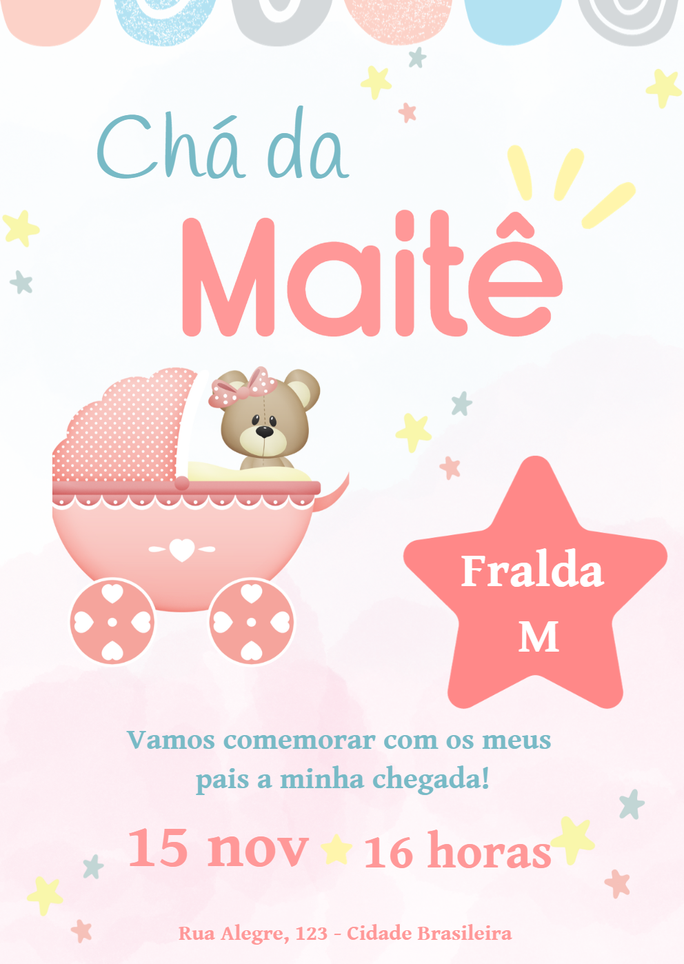 Convite Chá de Bebê Ursinha Rosa no Carrinho para Editar Convite Chá de Bebê Ursinha Rosa no Carrinho para Editar