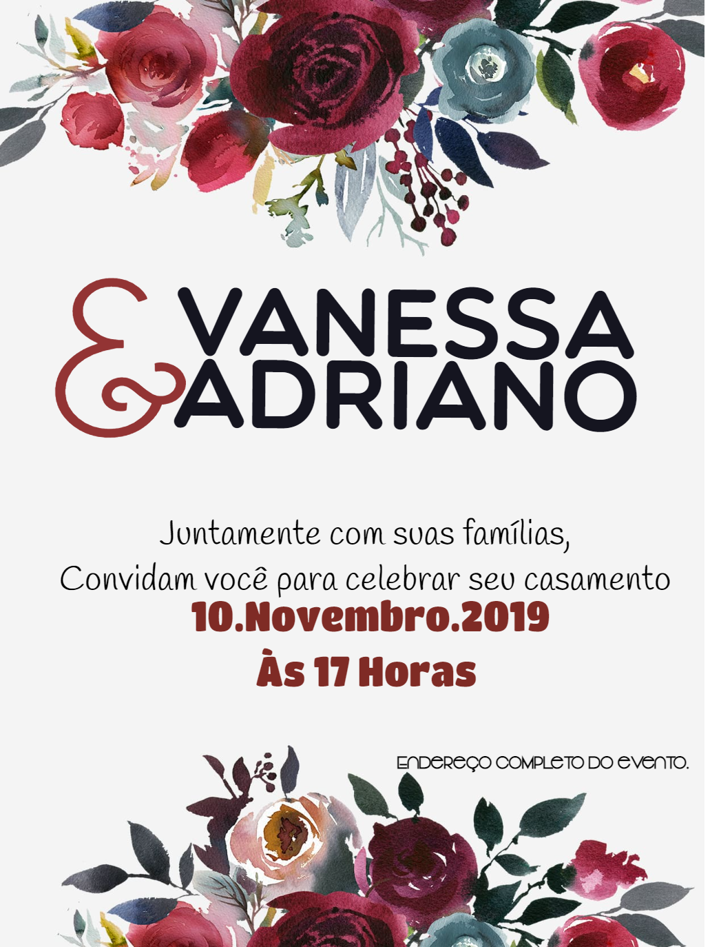 Convite de Casamento Floral Marsala para Editar Online