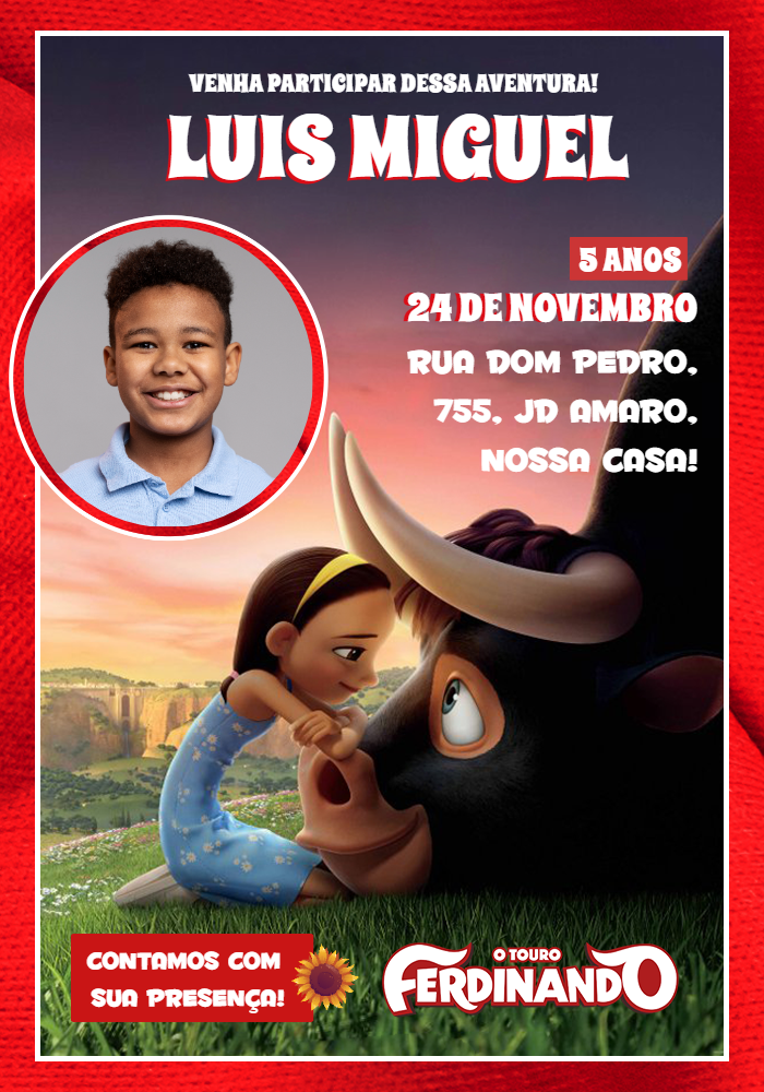 Convite Aniversário O Touro Ferdinando com Foto para Editar Convite Aniversário O Touro Ferdinando com Foto para Editar
