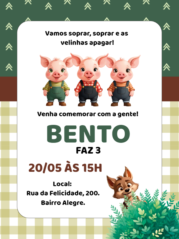 Convite Aniversário Três Porquinhos para Editar Online Convite Aniversário Três Porquinhos para Editar Online
