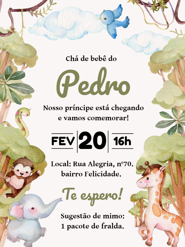 Convite Chá de Fraldas Safari com Animais para Editar Online Convite Chá de Fraldas Safari com Animais para Editar Online