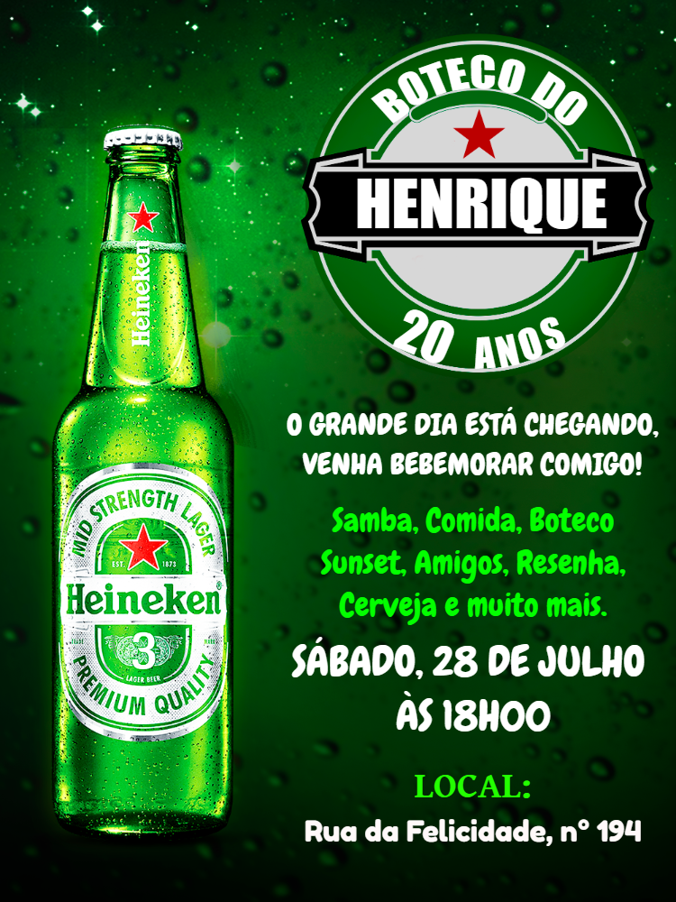 Convite de Aniversário Heineken Estilo Boteco para Editar Convite de Aniversário Heineken Estilo Boteco para Editar