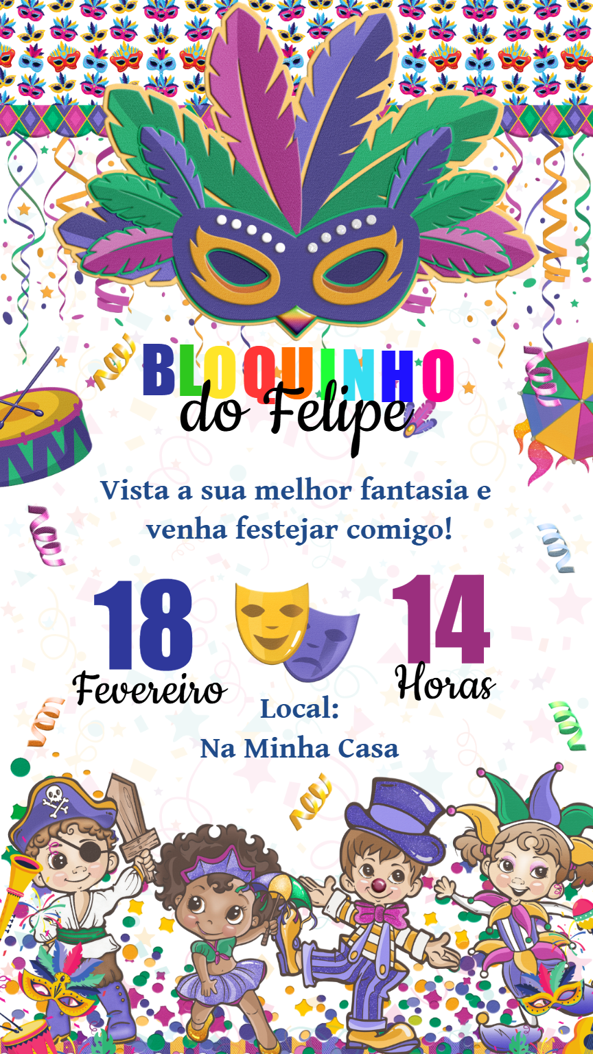 Convite de Aniversário Carnaval com Crianças para Editar Online Convite de Aniversário Carnaval com Crianças para Editar Online
