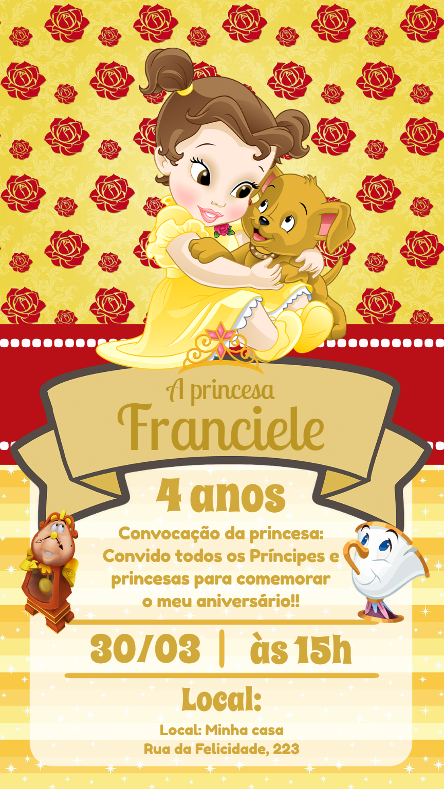 Convite Aniversário Princesa Bela Baby para Editar Online Convite Aniversário Princesa Bela Baby para Editar Online