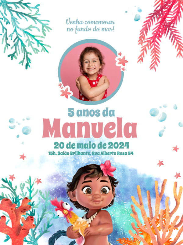 Convite Aniversário Moana Baby com Foto para Editar Online Convite Aniversário Moana Baby com Foto para Editar Online