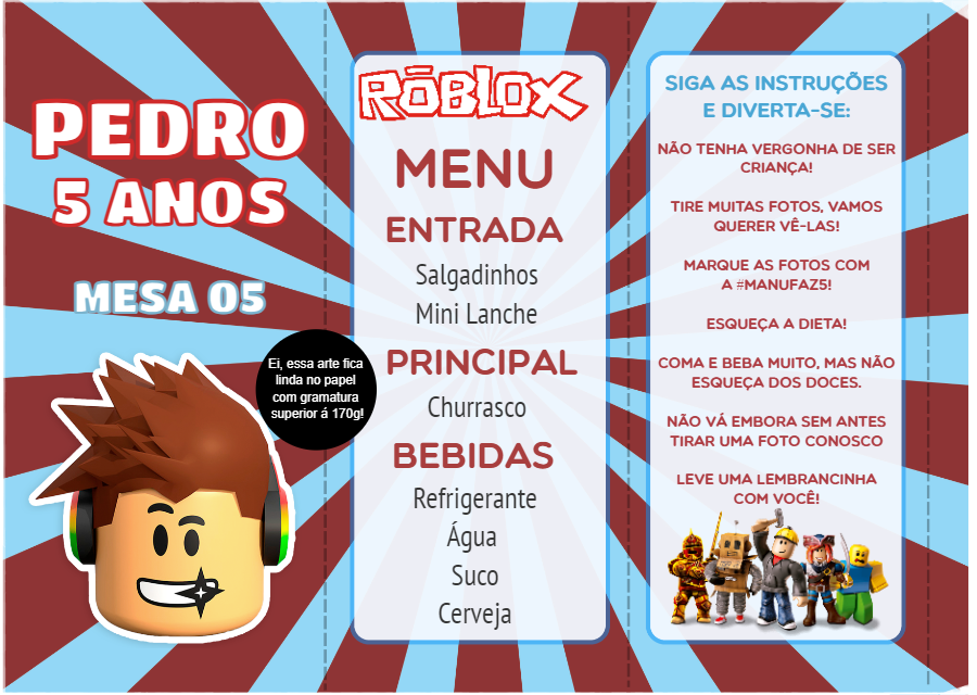 Menu de Aniversário Roblox para Editar e Imprimir Online Menu de Aniversário Roblox para Editar e Imprimir Online