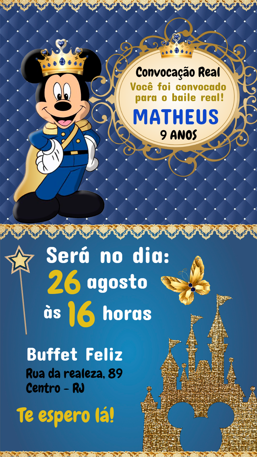 Convite Aniversário Mickey Realeza para Editar Online Convite Aniversário Mickey Realeza para Editar Online