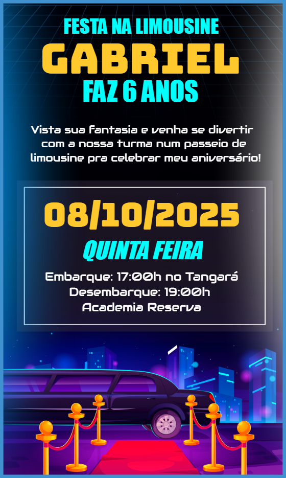 Convite Aniversário Limousine de Luxo para Editar Online Convite Aniversário Limousine de Luxo para Editar Online
