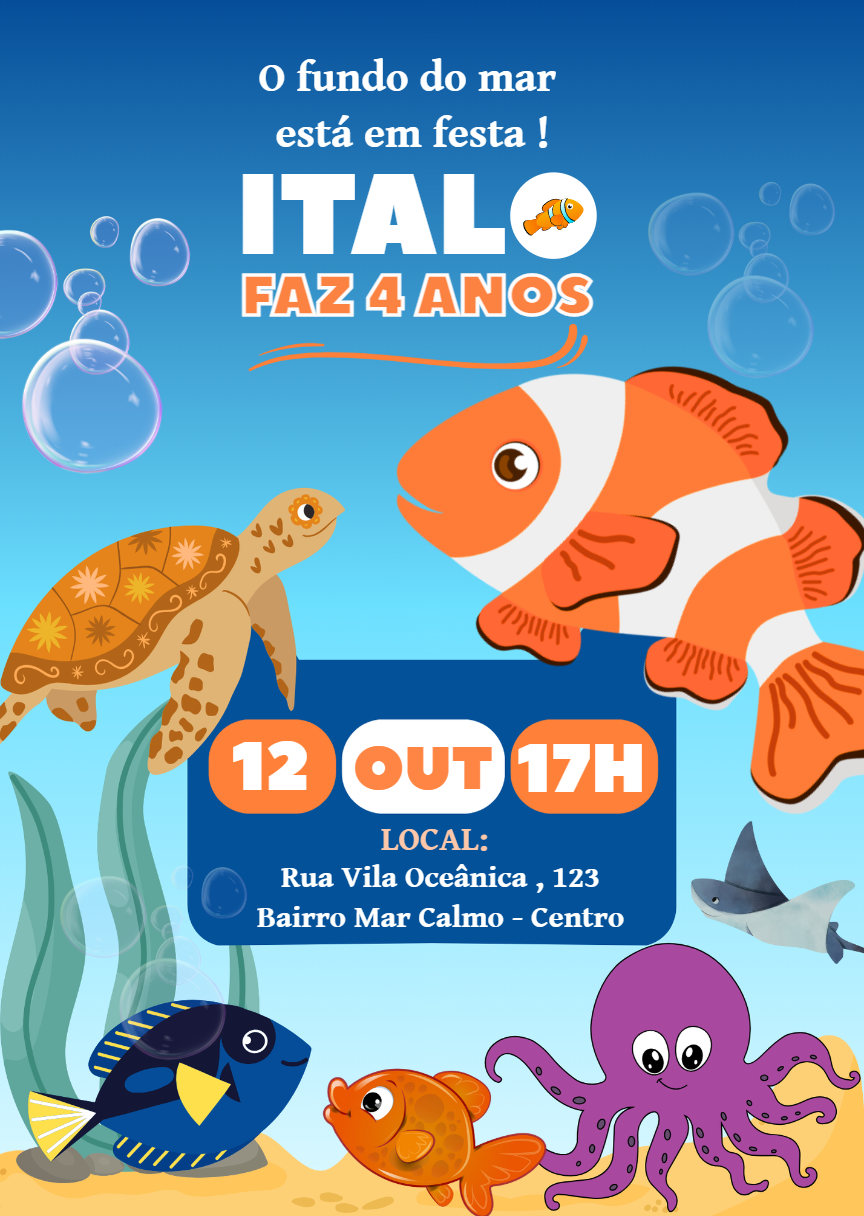 Convite de Aniversário Fundo do Mar com Peixinhos para Editar Convite de Aniversário Fundo do Mar com Peixinhos para Editar