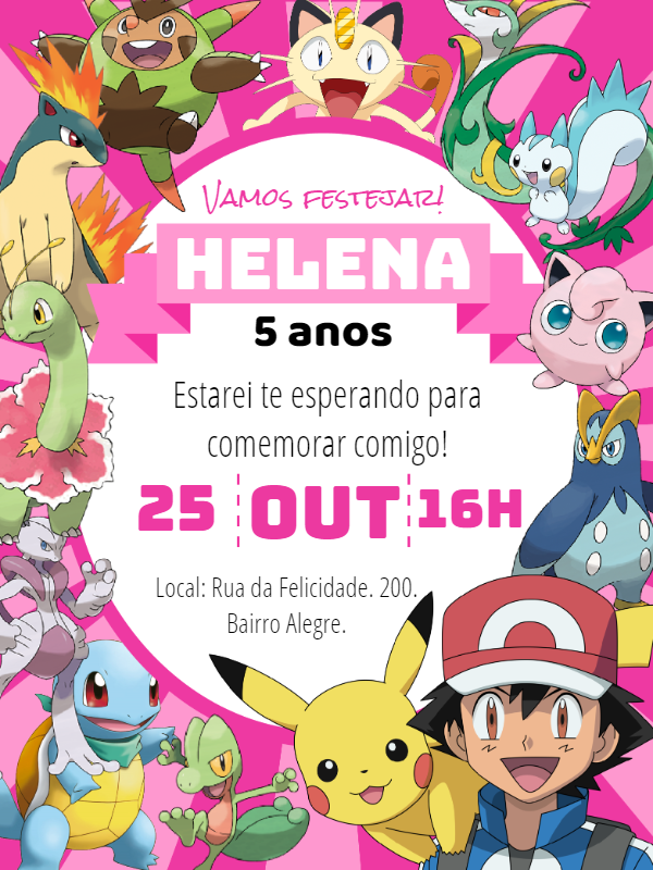 Convite Aniversário Pokémon Rosa para Menina Editável Online Convite Aniversário Pokémon Rosa para Menina Editável Online