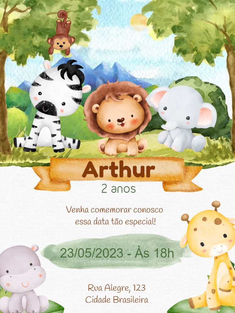 Convite Aniversário Safari Baby Aquarela para Editar Online Convite Aniversário Safari Baby Aquarela para Editar Online