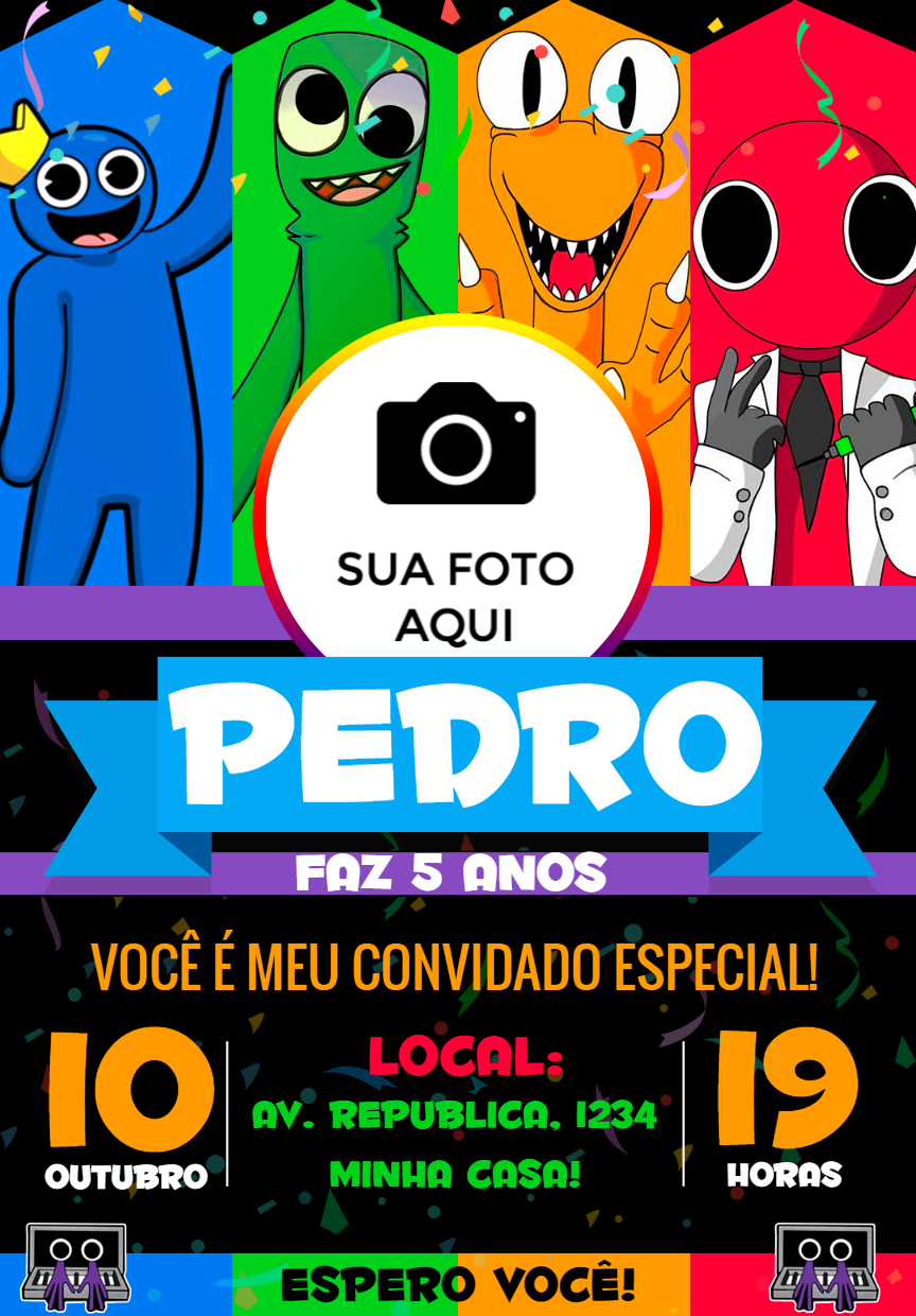 Convite Aniversário Rainbow Friends com Foto para Editar Online Convite Aniversário Rainbow Friends com Foto para Editar Online