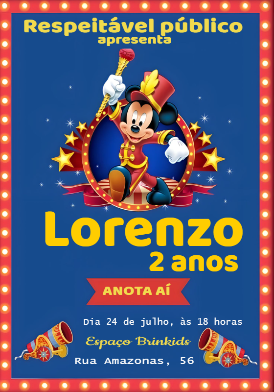 Convite Aniversário Circo do Mickey Mouse para Editar Online Convite Aniversário Circo do Mickey Mouse para Editar Online